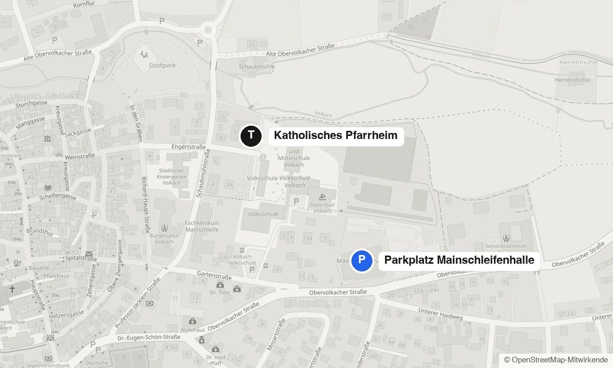Karte: Parkplatz an der Mainschleifenhalle und der Fußweg nordwestlich zum Katholischen Pfarrheim