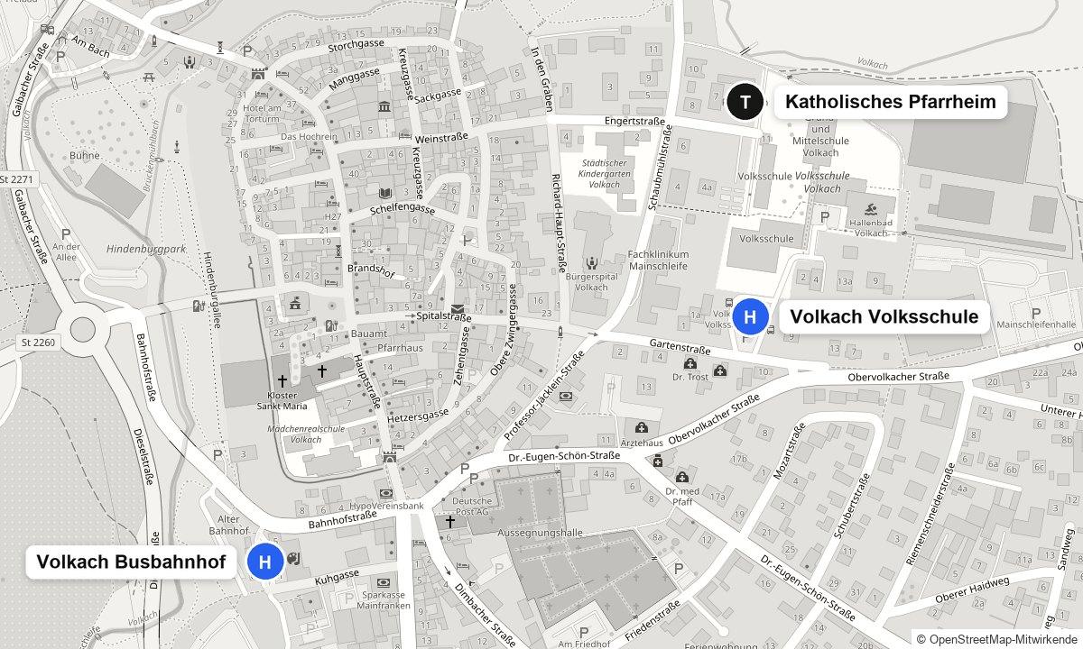 Karte: Bushaltestellen Volkach Volksschule an der Gartenstraße und Volkach Busbahnhof, dazu das Katholische Pfarrheim