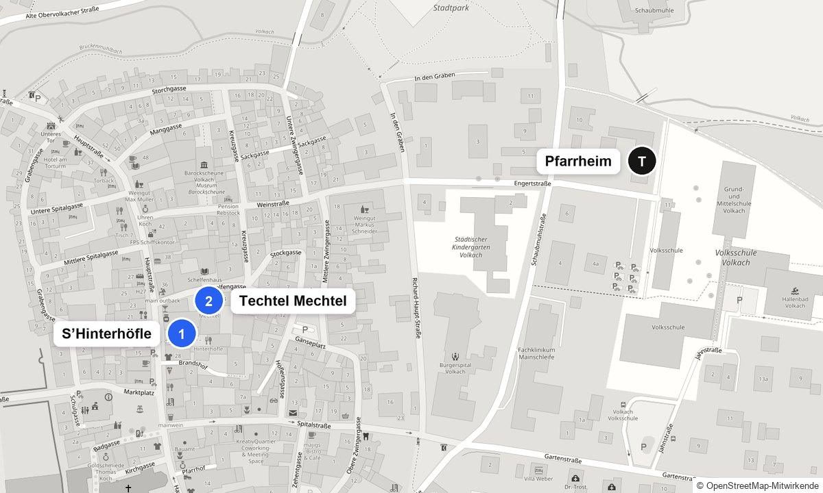 Karte der Volkacher Altstadt: S’Hinterhöfle an der Hauptstraße und Techtel Mechtel in der Schelfengasse, rechts das Katholische Pfarrheim